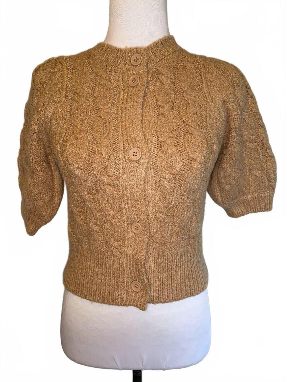 Camel Cable Knit Short Sleeve Cardigan XS Preppy Chic Light Academia Quiet Lux